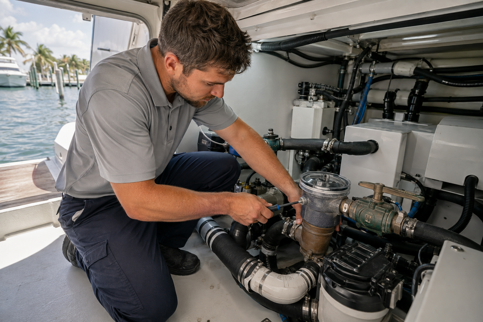 Technician inspecting a marine seawater cooling system aboard a boat