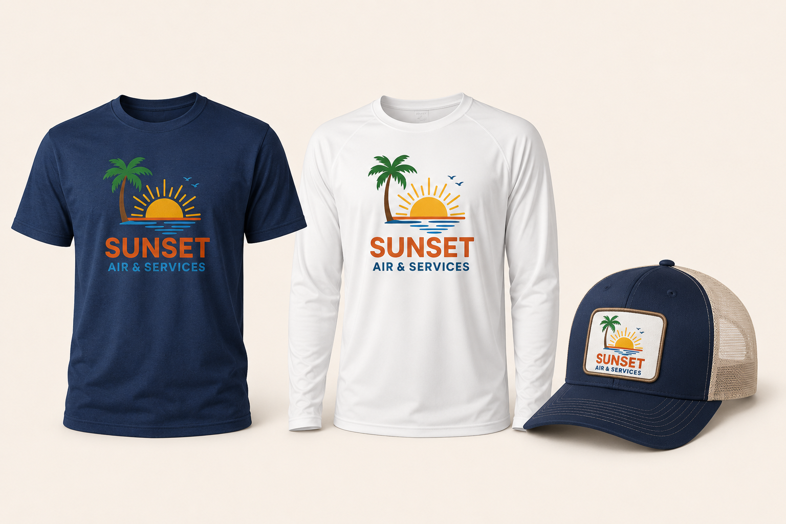 Sunset Air short-sleeve T-shirt, long-sleeve performance shirt, and trucker hat concepts