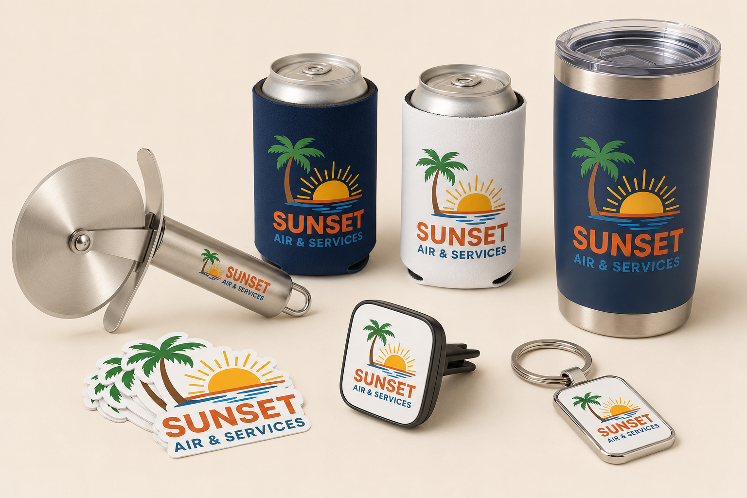 Sunset Air pizza cutter, can coolers, stickers, air freshener, tumbler, and keychain concepts