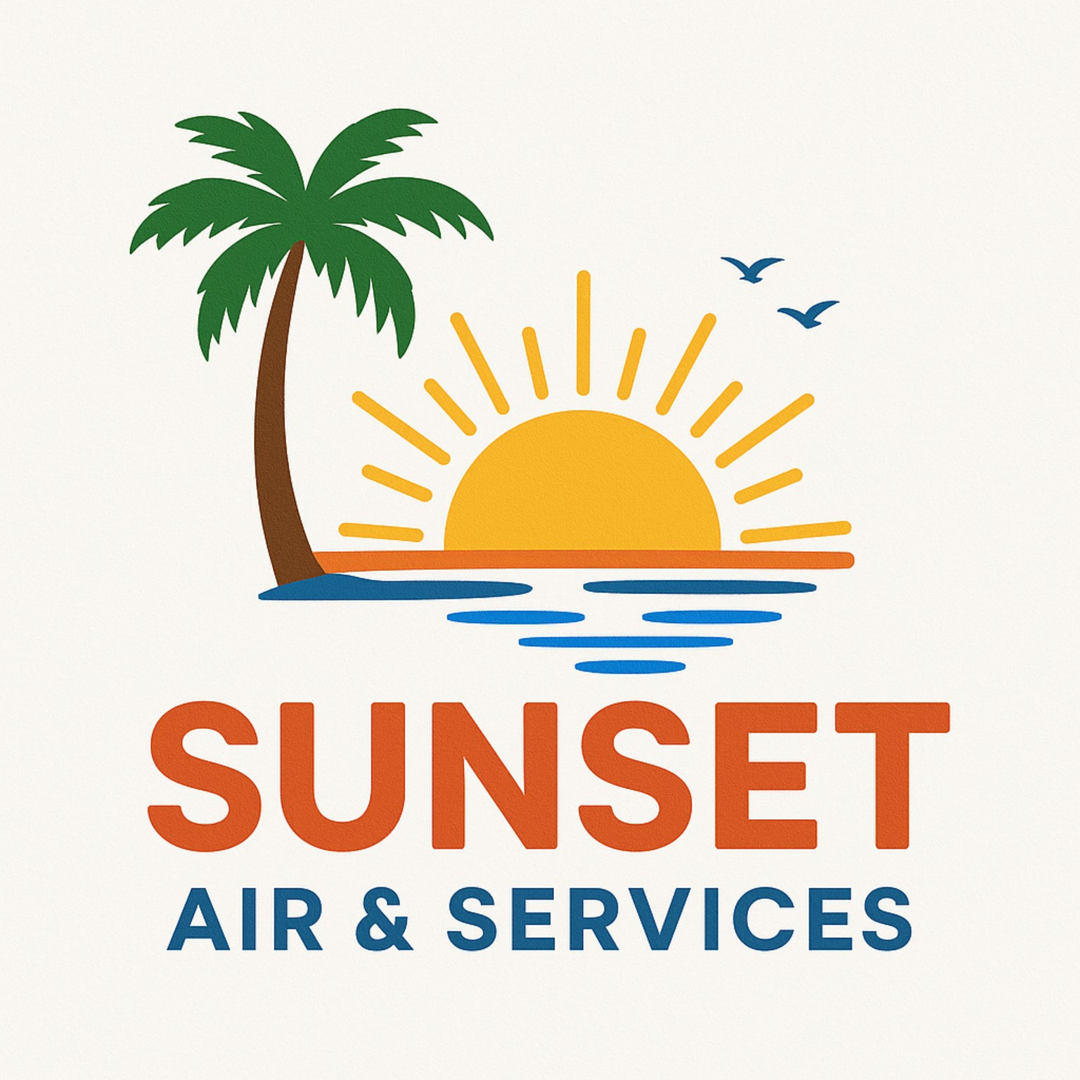 Official Sunset Air & Services palm tree, rising sun, and water logo